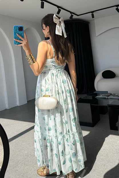 Viola Yaprak Desenli Şifon Elbise