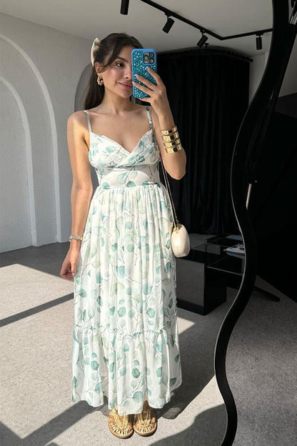 Viola Yaprak Desenli Şifon Elbise