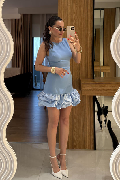 Violetta Mavi Eteği Saten Sırt Dekolteli Elbise