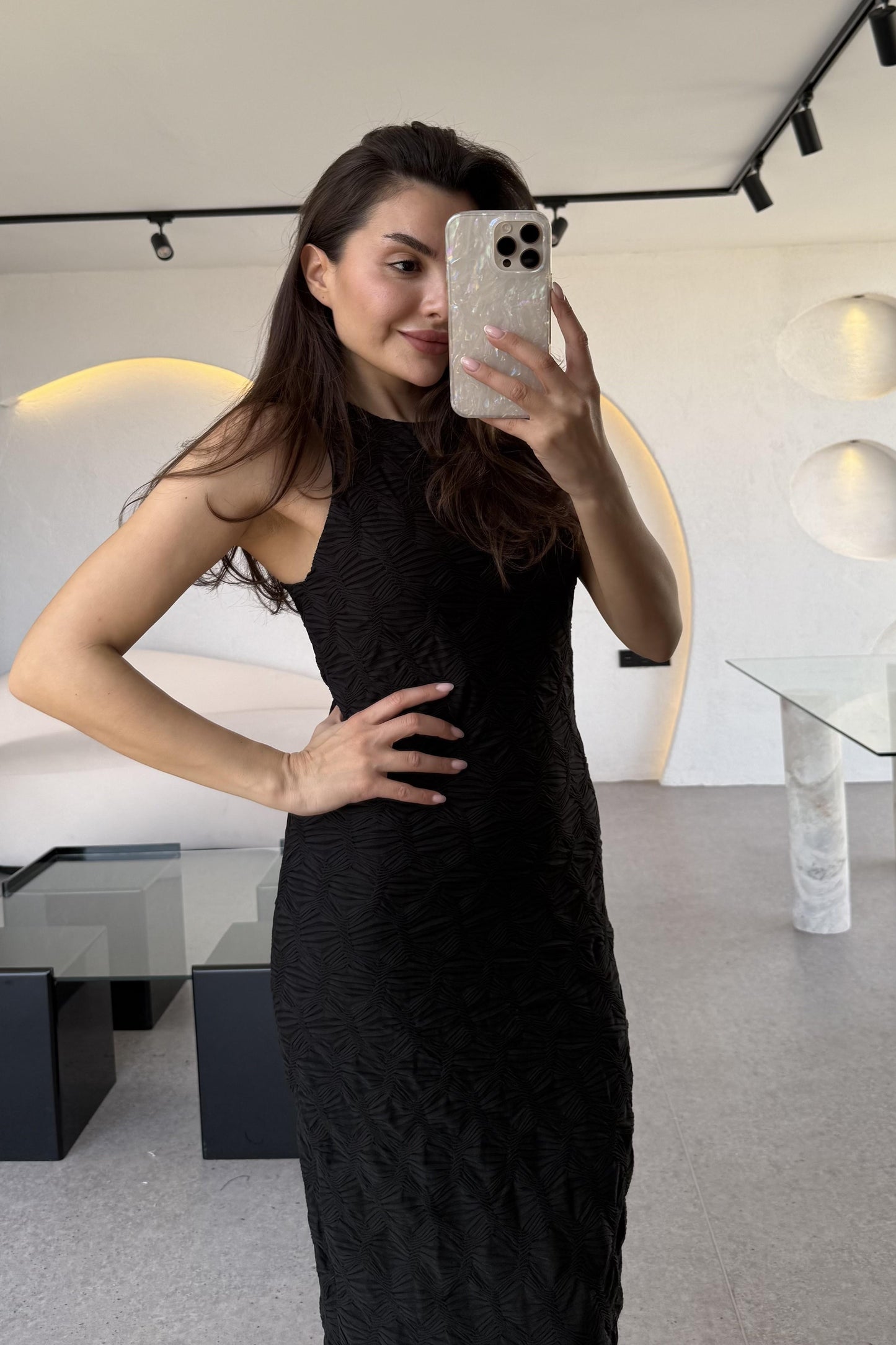 Viose Kolsuz Kendinden Desenli Elbise