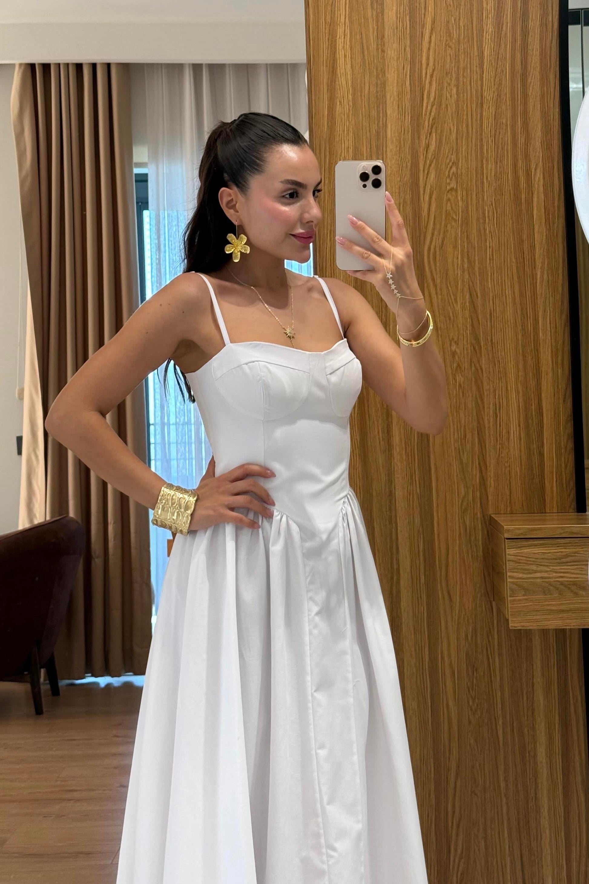 Virel Beyaz Askılı Poplin Elbise