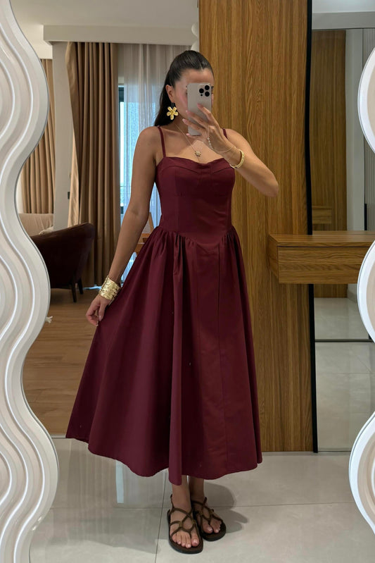 Virel Bordo Askılı Poplin Elbise