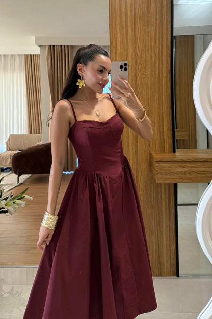 Virel Bordo Askılı Poplin Elbise