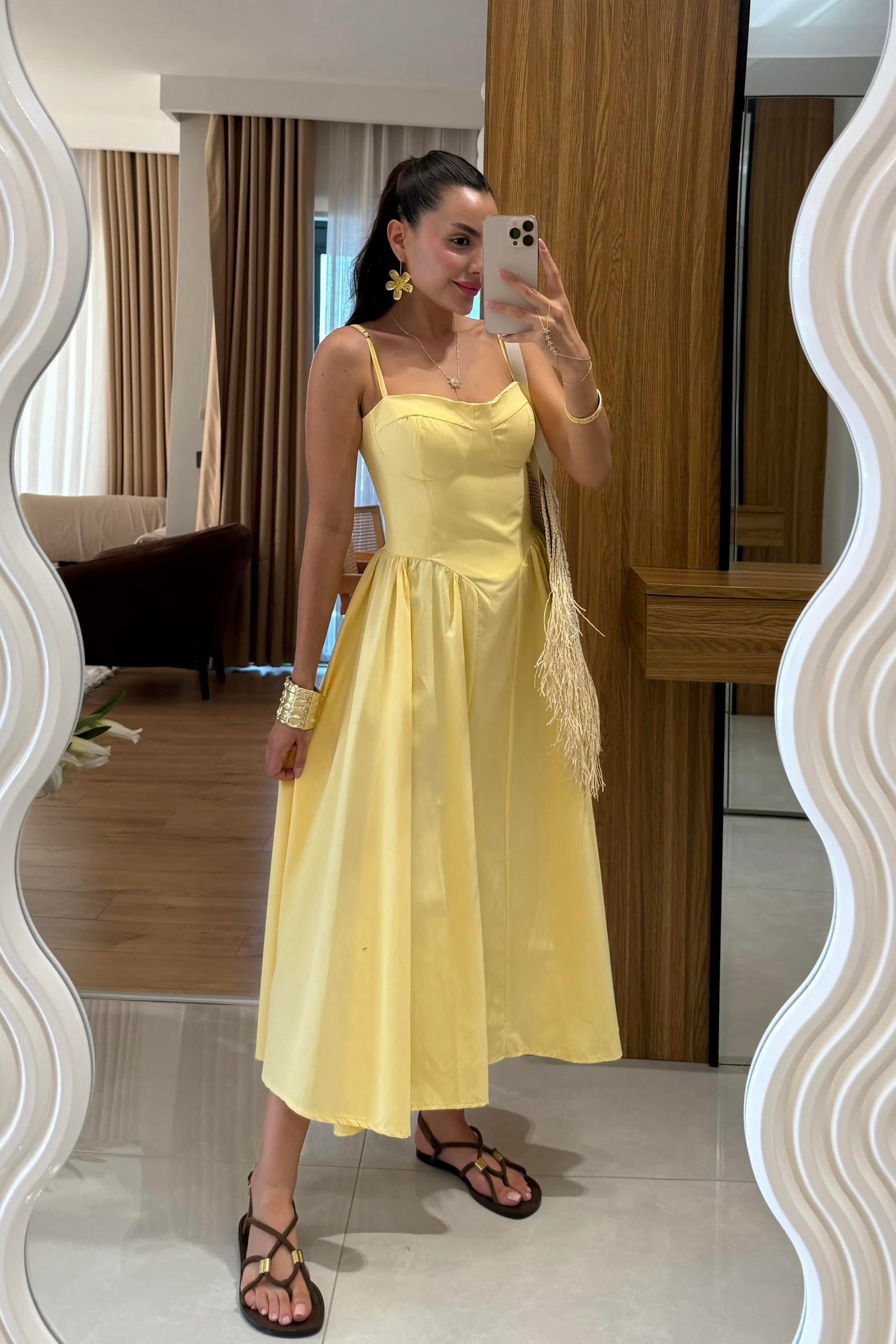 Virel Sarı Askılı Poplin Elbise