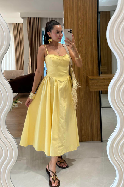Virel Sarı Askılı Poplin Elbise