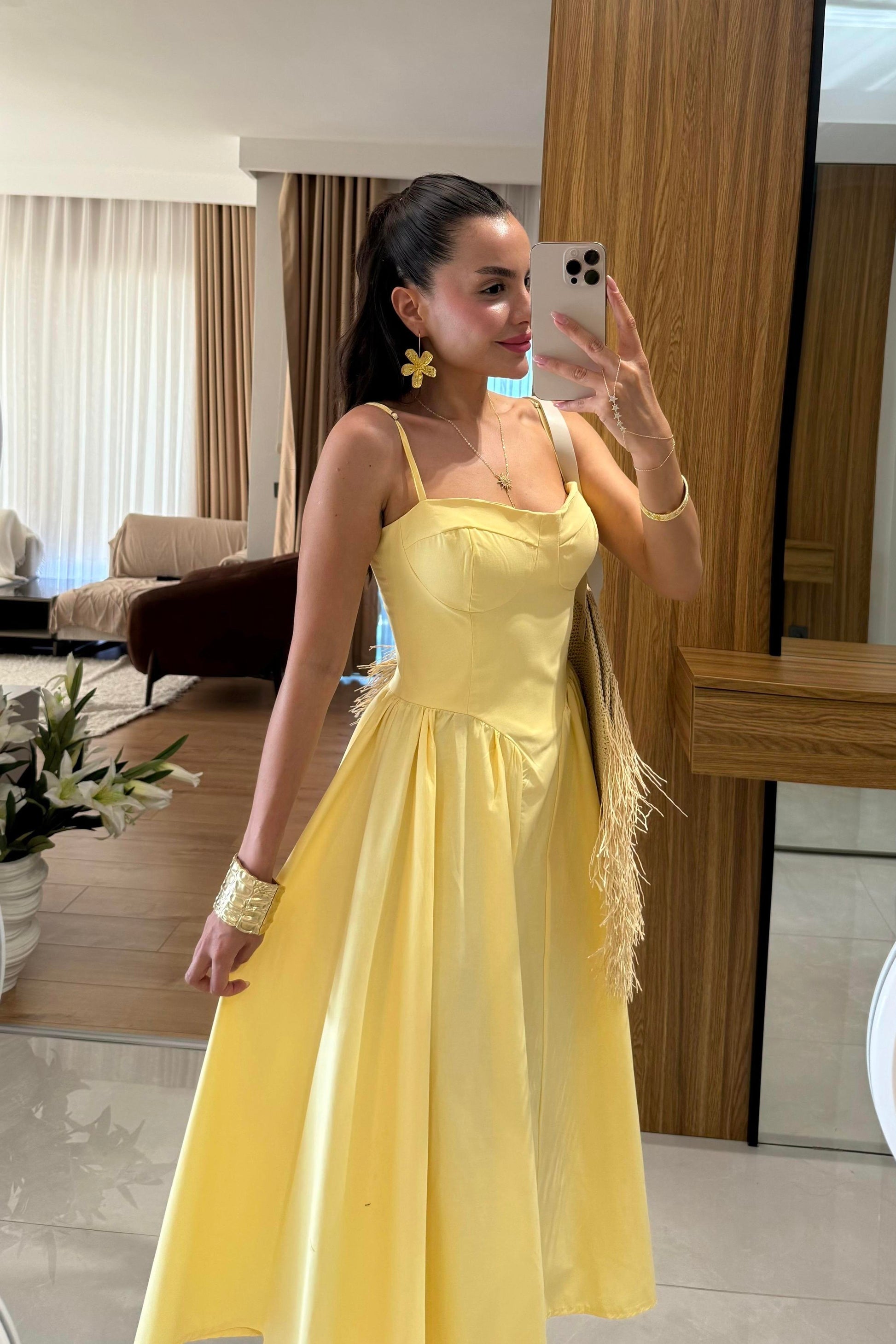 Virel Sarı Askılı Poplin Elbise