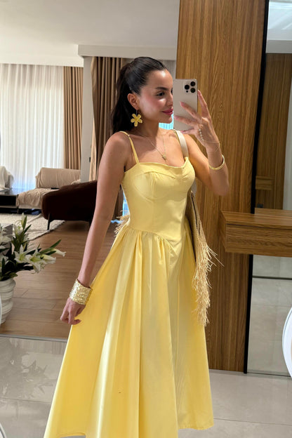 Virel Sarı Askılı Poplin Elbise