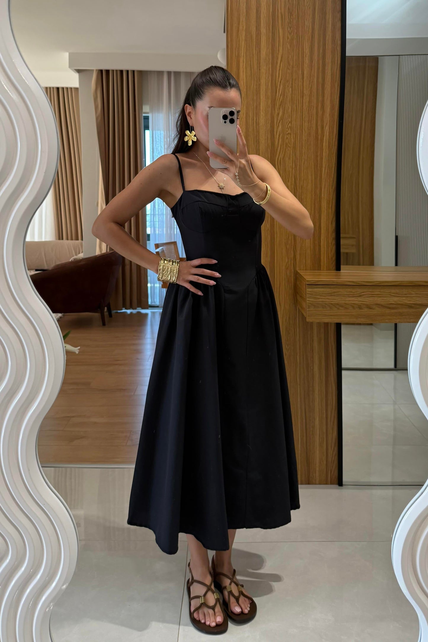 Virel Siyah Askılı Poplin Elbise