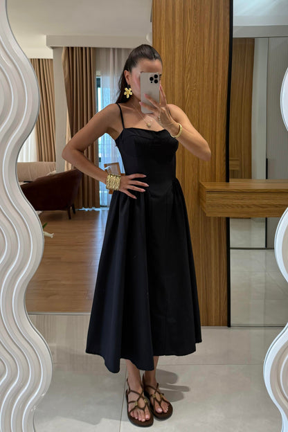 Virel Siyah Askılı Poplin Elbise