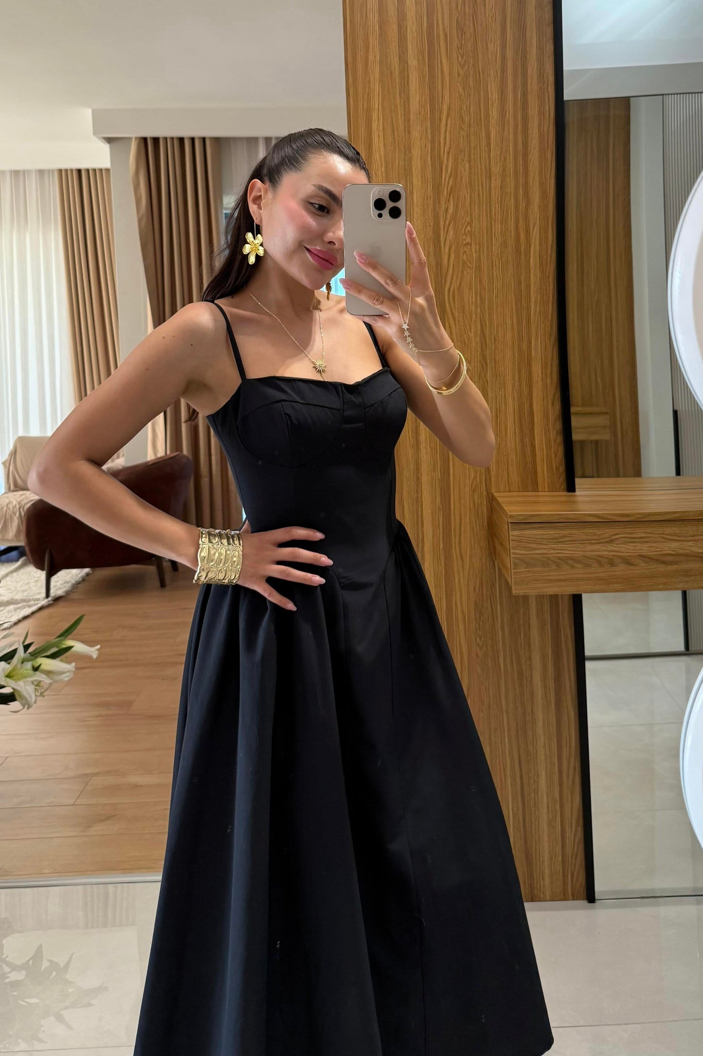 Virel Siyah Askılı Poplin Elbise