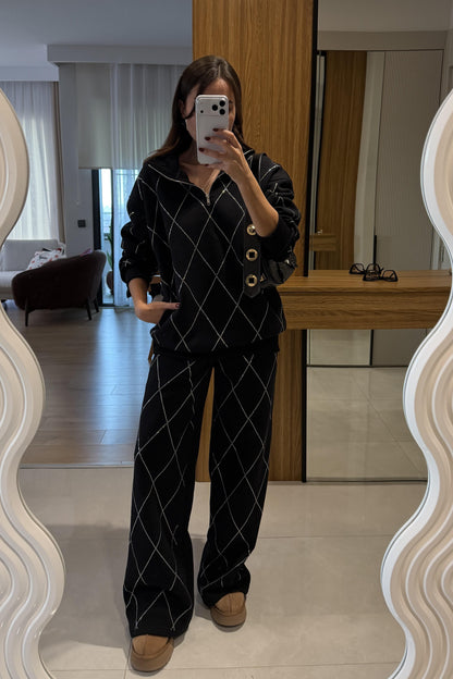 Virelia Siyah Çapraz Taşlı Üç İplik Takım