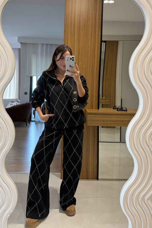 Virelia Siyah Çapraz Taşlı Üç İplik Takım