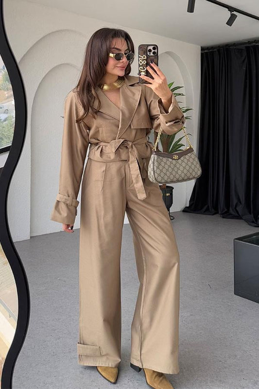 Virgie Tensel Parlak Camel Takım