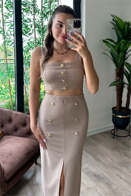 Vista gold düğmeli ikili takım - Camel