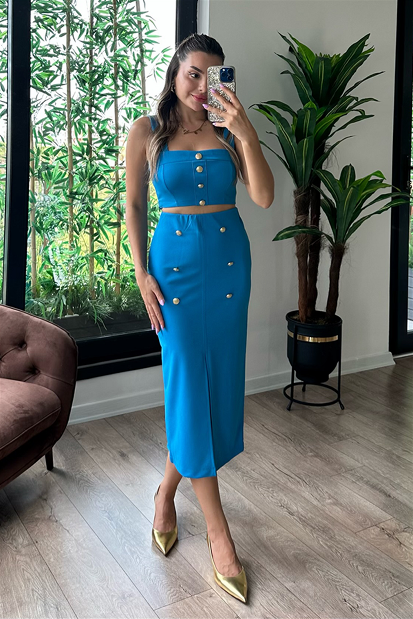 Vista gold düğmeli ikili takım - Mavi