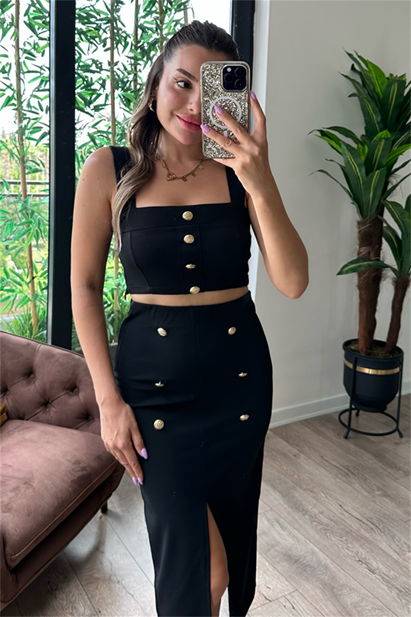 Vista gold düğmeli ikili takım - Siyah