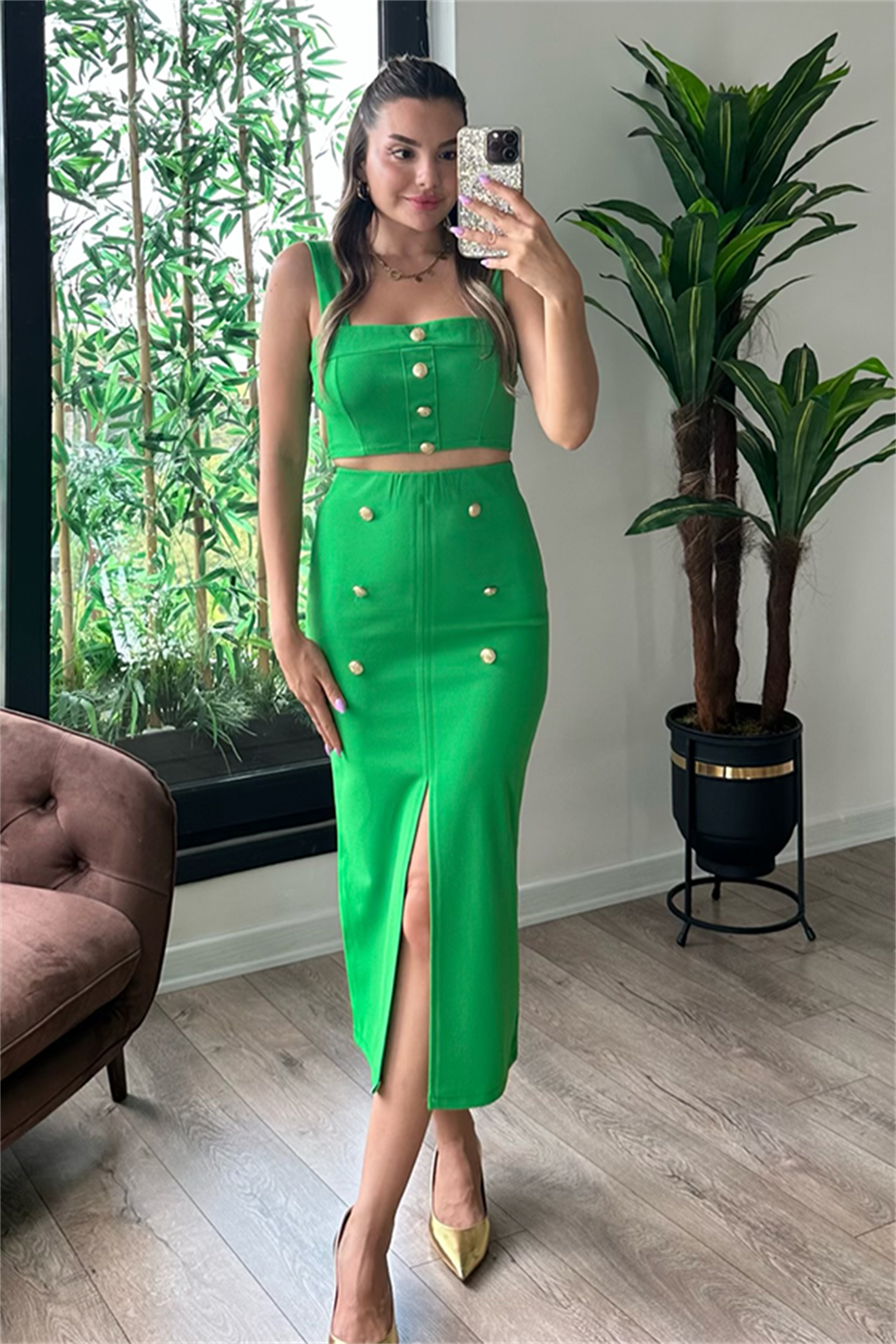Vista gold düğmeli ikili takım - Yeşil