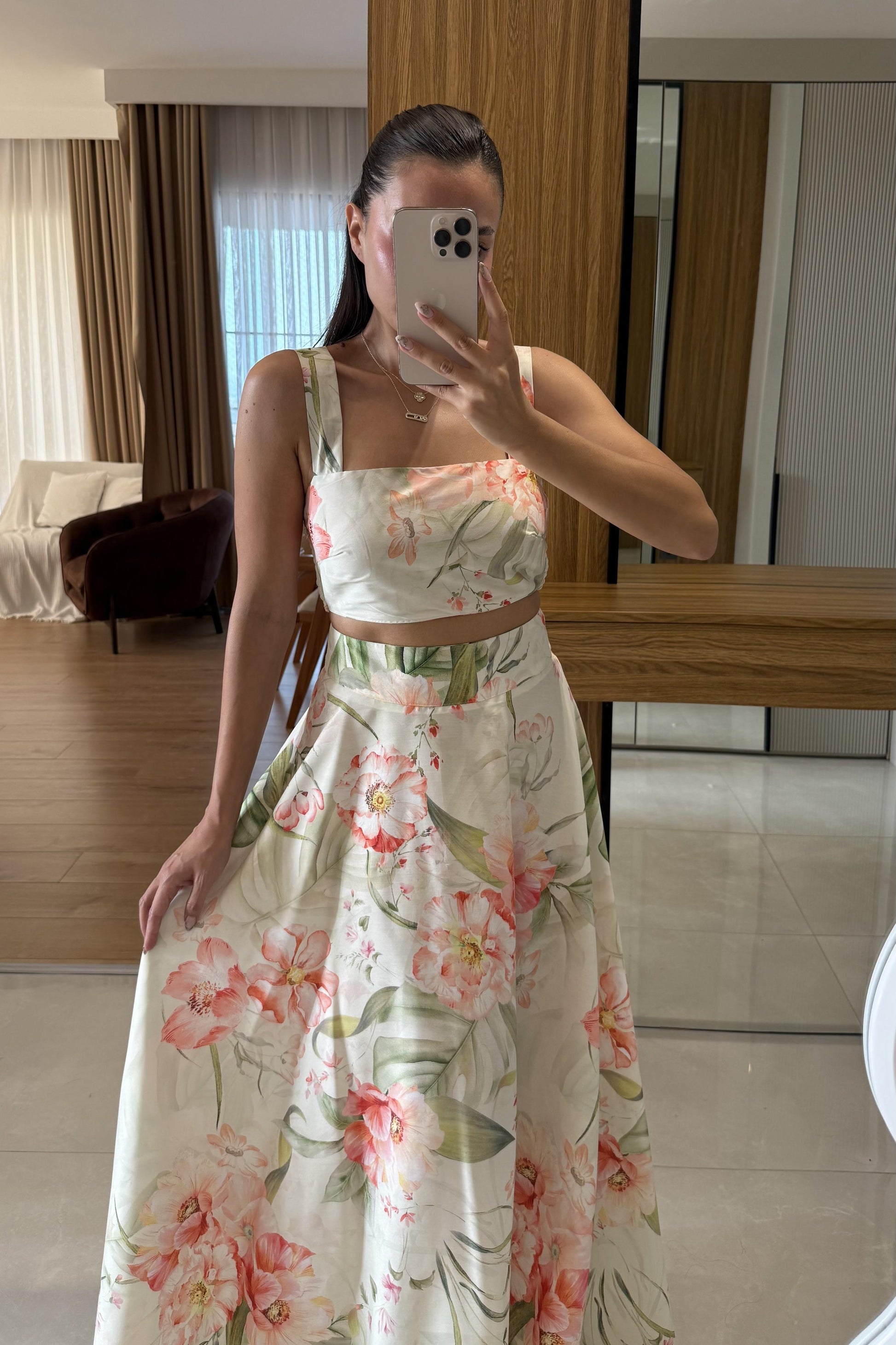 Vistavie Pembe Çiçek Desen Etekli Takım