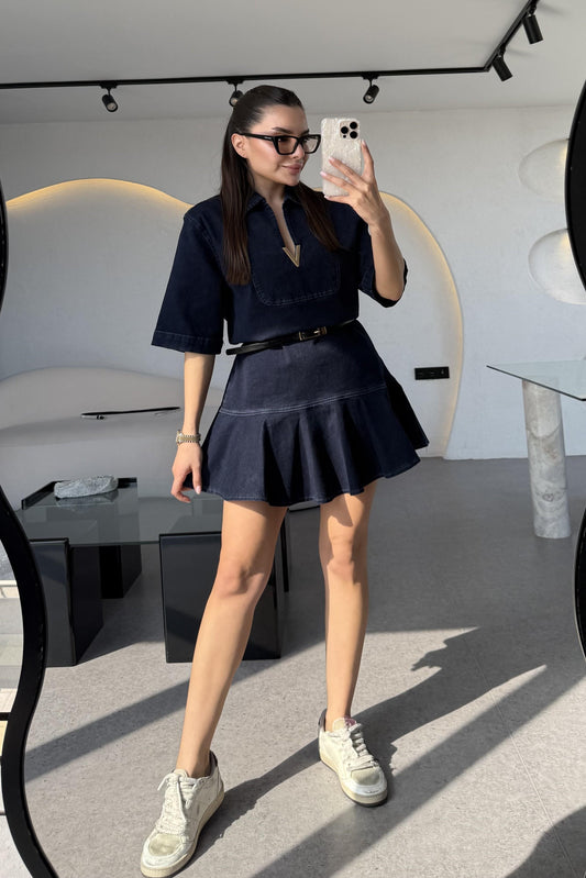 Visual Yaka Aksesuarlı Kot Elbise