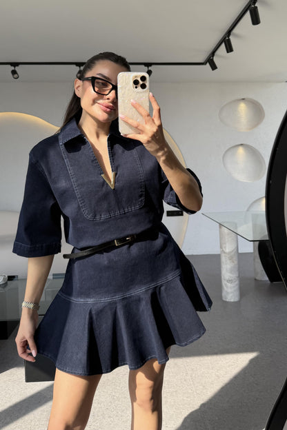 Visual Yaka Aksesuarlı Kot Elbise