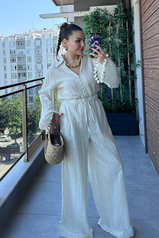 Viva Kolları Püsküllü Gömlek Pantolon Takım - Ekru