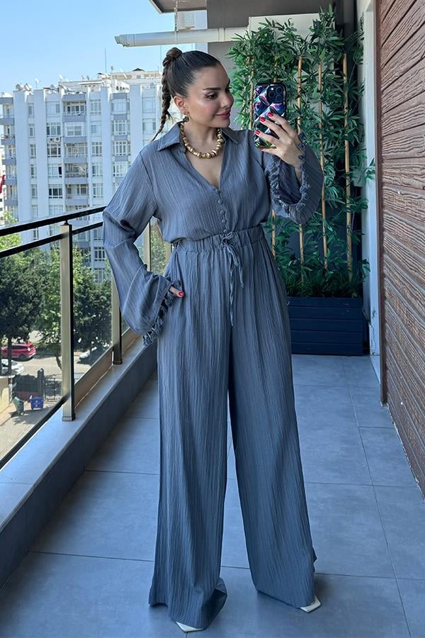 Viva Kolları Püsküllü Gömlek Pantolon Takım - Füme