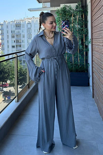 Viva Kolları Püsküllü Gömlek Pantolon Takım - Füme