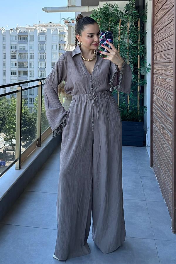 Viva Kolları Püsküllü Gömlek Pantolon Takım - Vizon