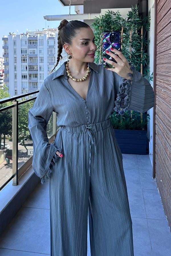 Viva Kolları Püsküllü Gömlek Pantolon Takım - Füme