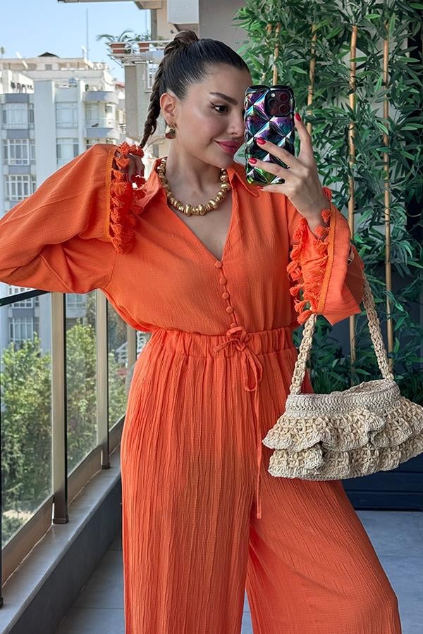 Viva Kolları Püsküllü Gömlek Pantolon Takım - Turuncu