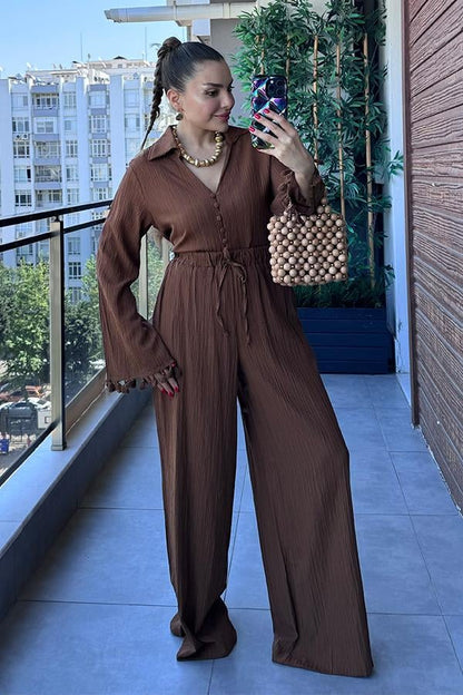 Viva Kolları Püsküllü Gömlek Pantolon Takım - Acı Kahve