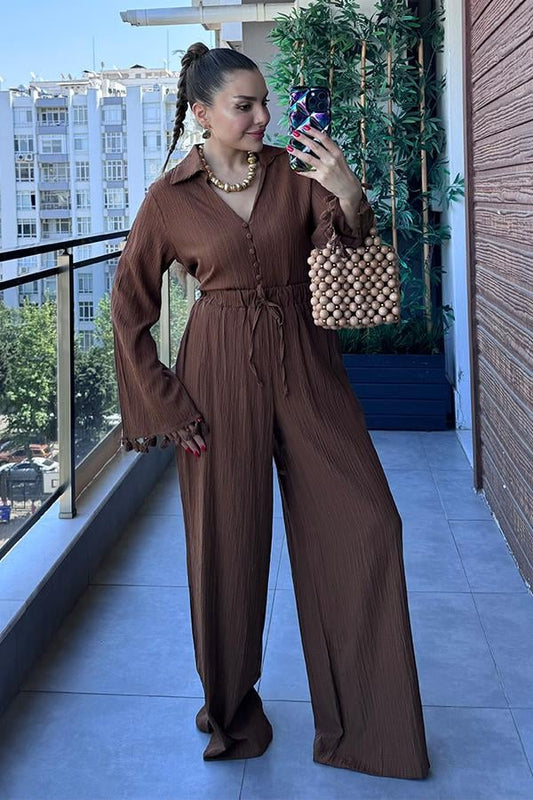 Viva Kolları Püsküllü Gömlek Pantolon Takım - Acı Kahve