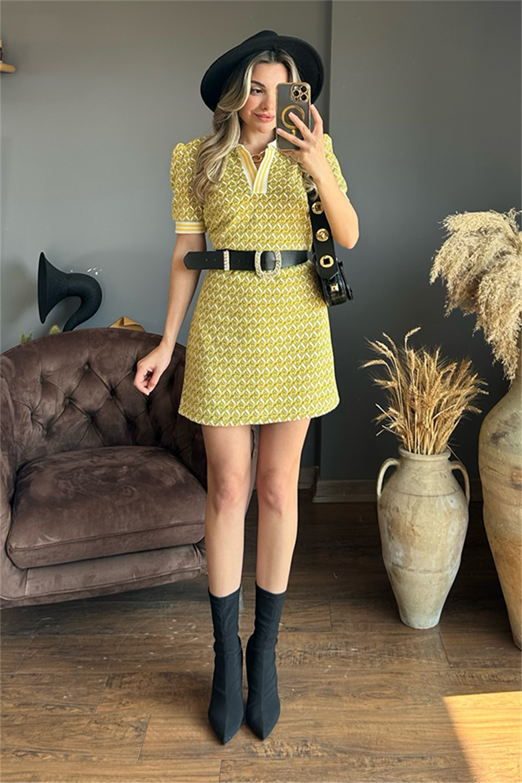 Vivenra karpuz kol sarı geçişli romantik elbise