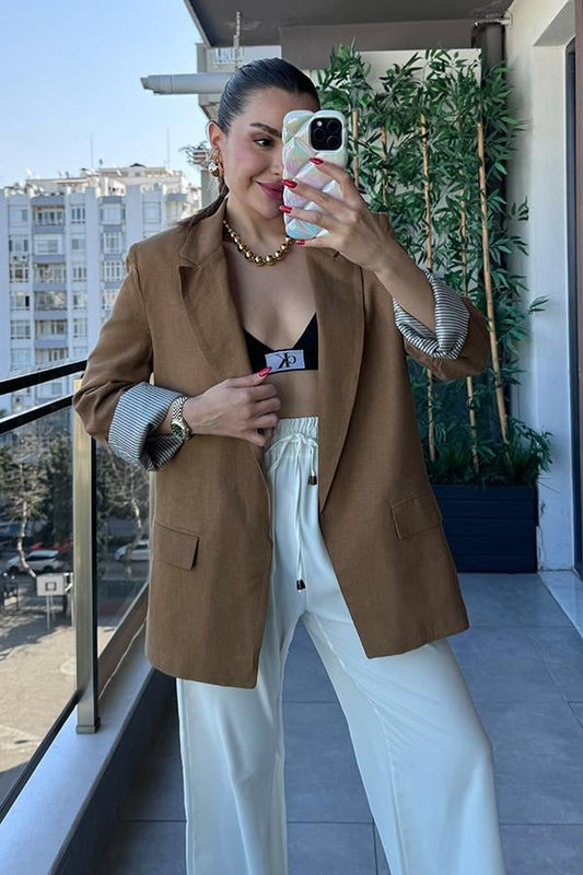 Vivenra Keten Blazer Ceket - Kahve