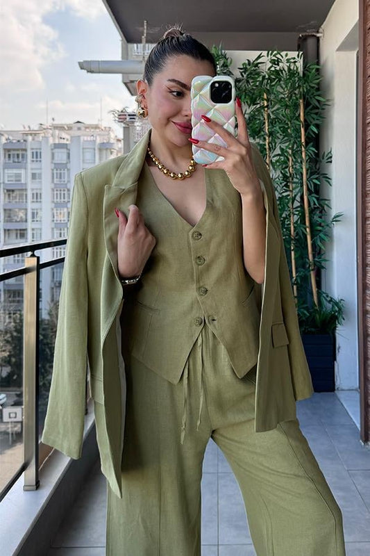 Vivenra Keten Blazer Ceket - Yağ Yeşil