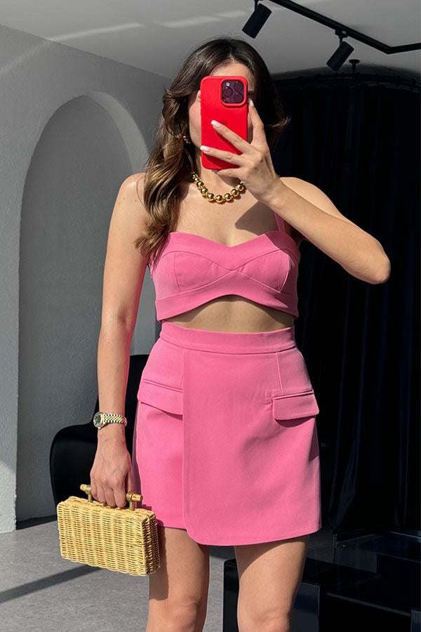Viyana Cep Detaylı Premium Etek-Crop Takım-Pembe