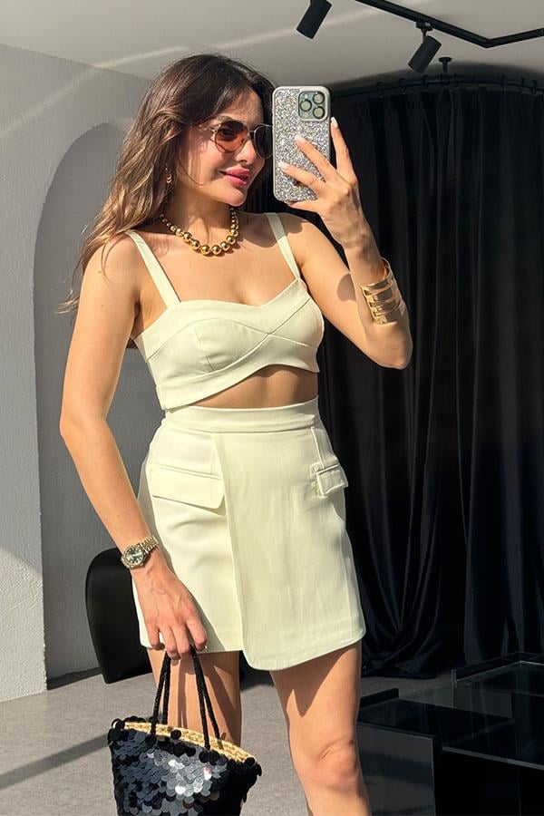 Viyana Cep Detaylı Premium Etek-Crop Takım-Sarı