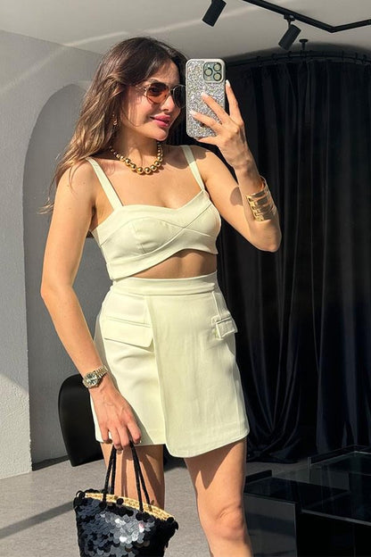 Viyana Cep Detaylı Premium Etek-Crop Takım-Sarı