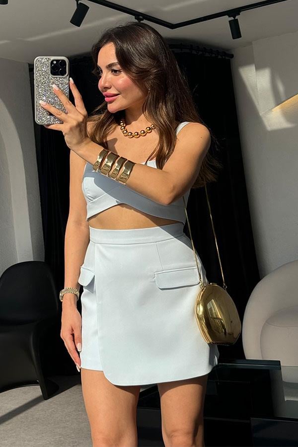 Viyana Cep Detaylı Premium Etek-Crop Takım-Bebe Mavisi