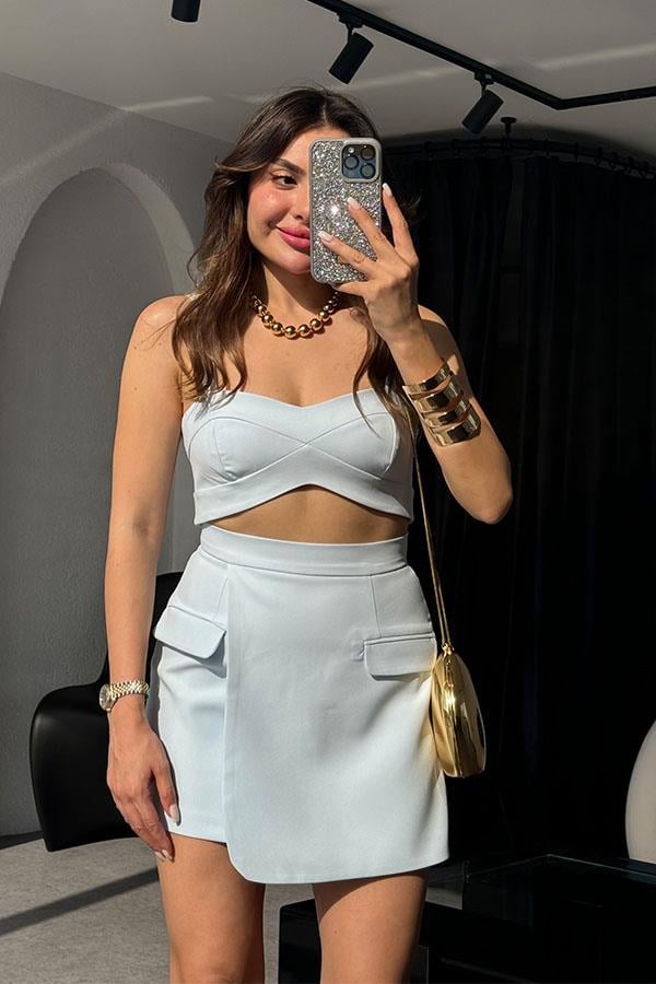 Viyana Cep Detaylı Premium Etek-Crop Takım-Bebe Mavisi