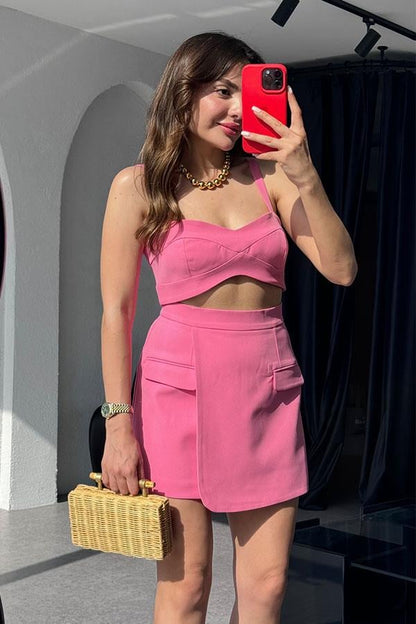 Viyana Cep Detaylı Premium Etek-Crop Takım-Pembe