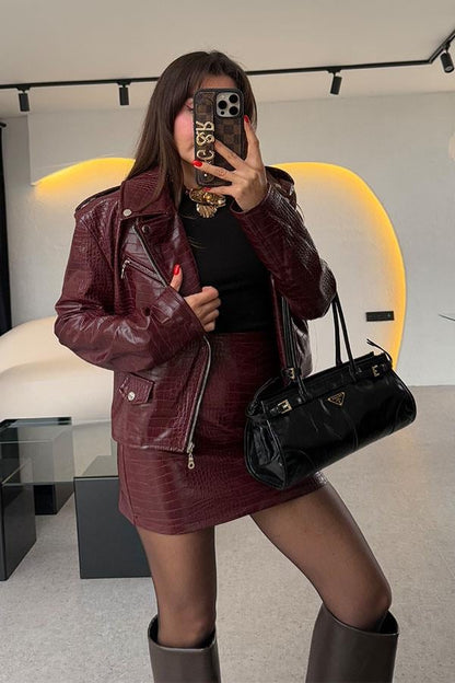 Volentine Bordo Yılan Desen Deri Takım