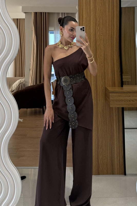 Waldra Kahve Tek Kol Asimetrik Pantolon Takım