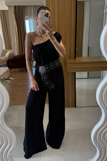 Waldra Siyah Tek Kol Asimetrik Pantolon Takım