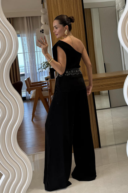 Waldra Siyah Tek Kol Asimetrik Pantolon Takım