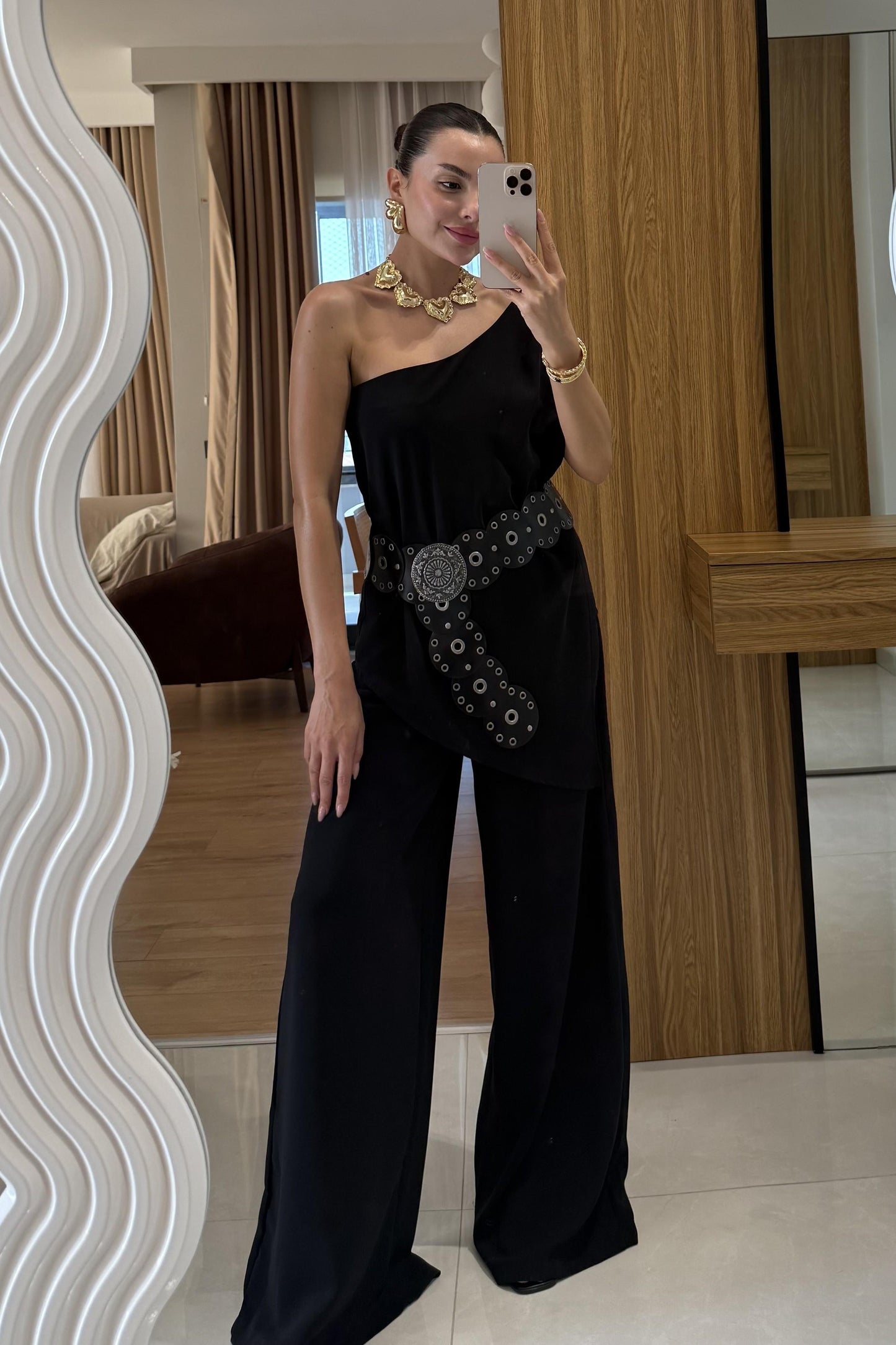 Waldra Siyah Tek Kol Asimetrik Pantolon Takım