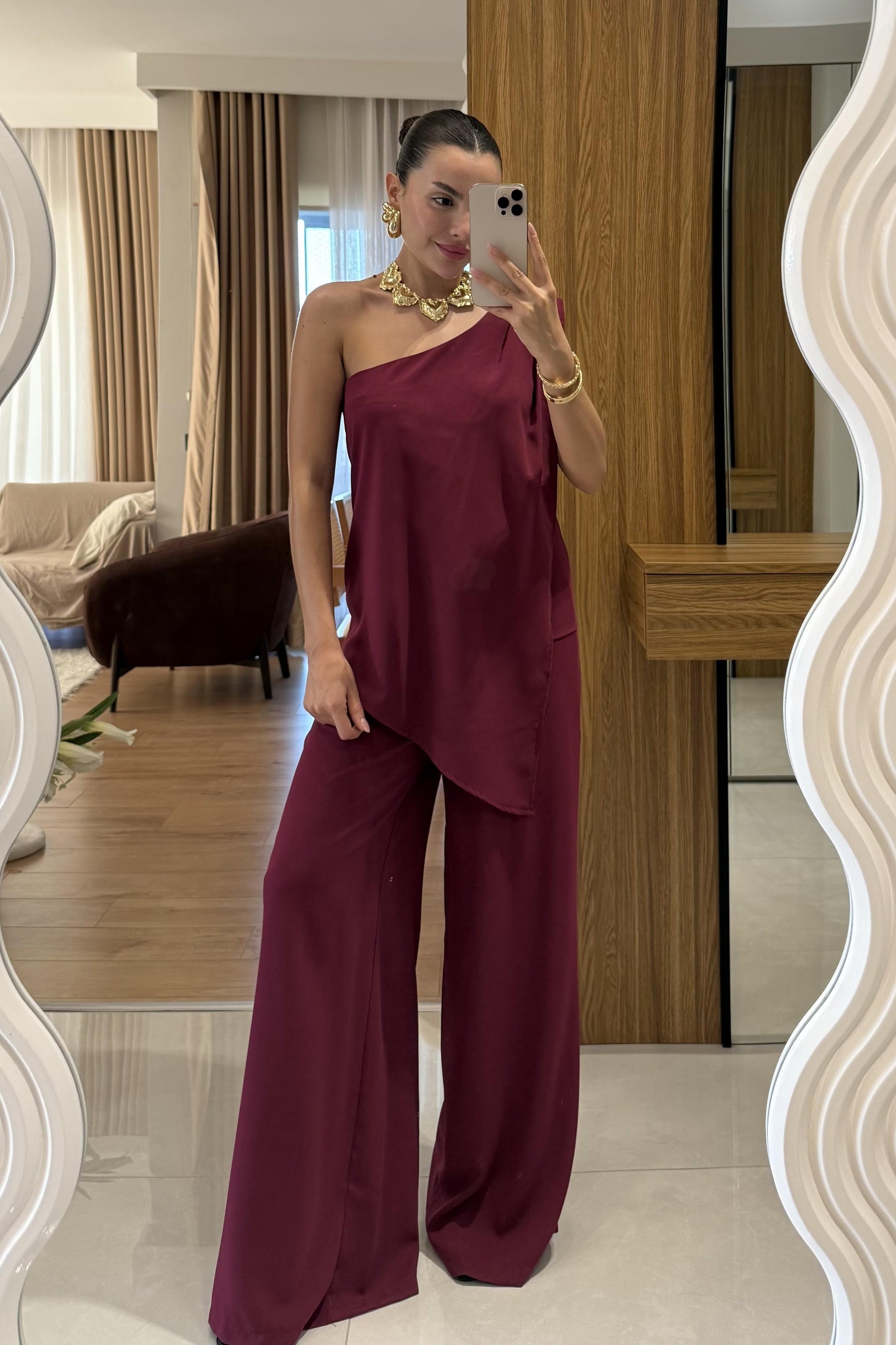 Waldra Vişne Tek Kol Asimetrik Pantolon Takım