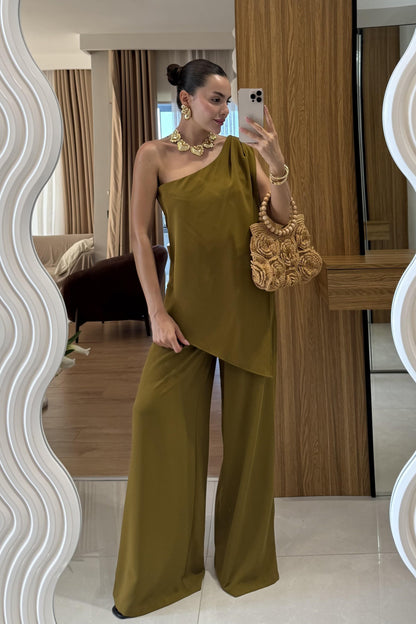 Waldra Yağ Yeşil Tek Kol Asimetrik Pantolon Takım