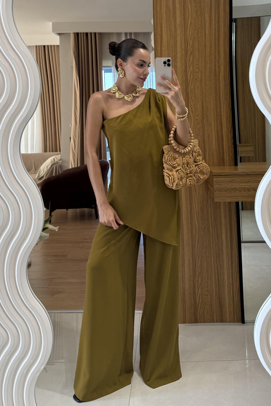 Waldra Yağ Yeşil Tek Kol Asimetrik Pantolon Takım