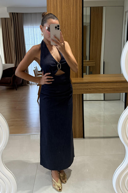 Wales Halka Detaylı Dekolteli Denim Elbise